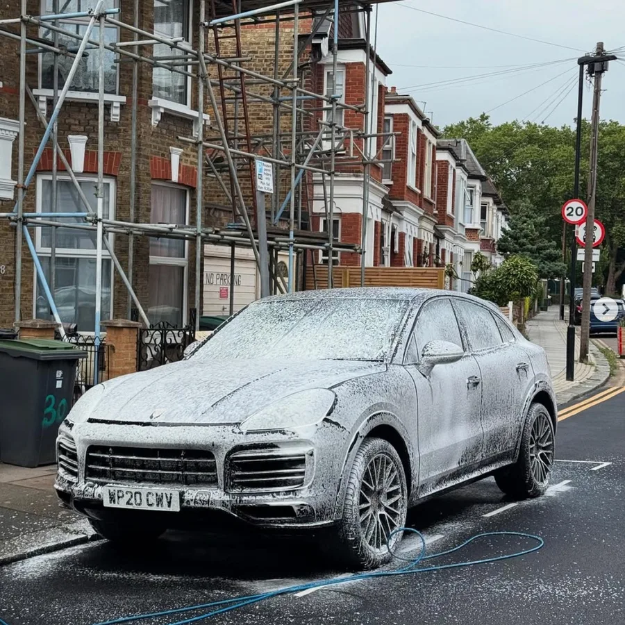 Snow-foamed car valet in London